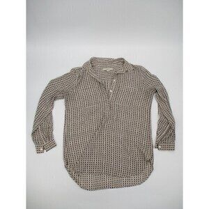 LOFT Womens Blouse Medium Petite Brown White Collared Long Sleeve Casual Preppy